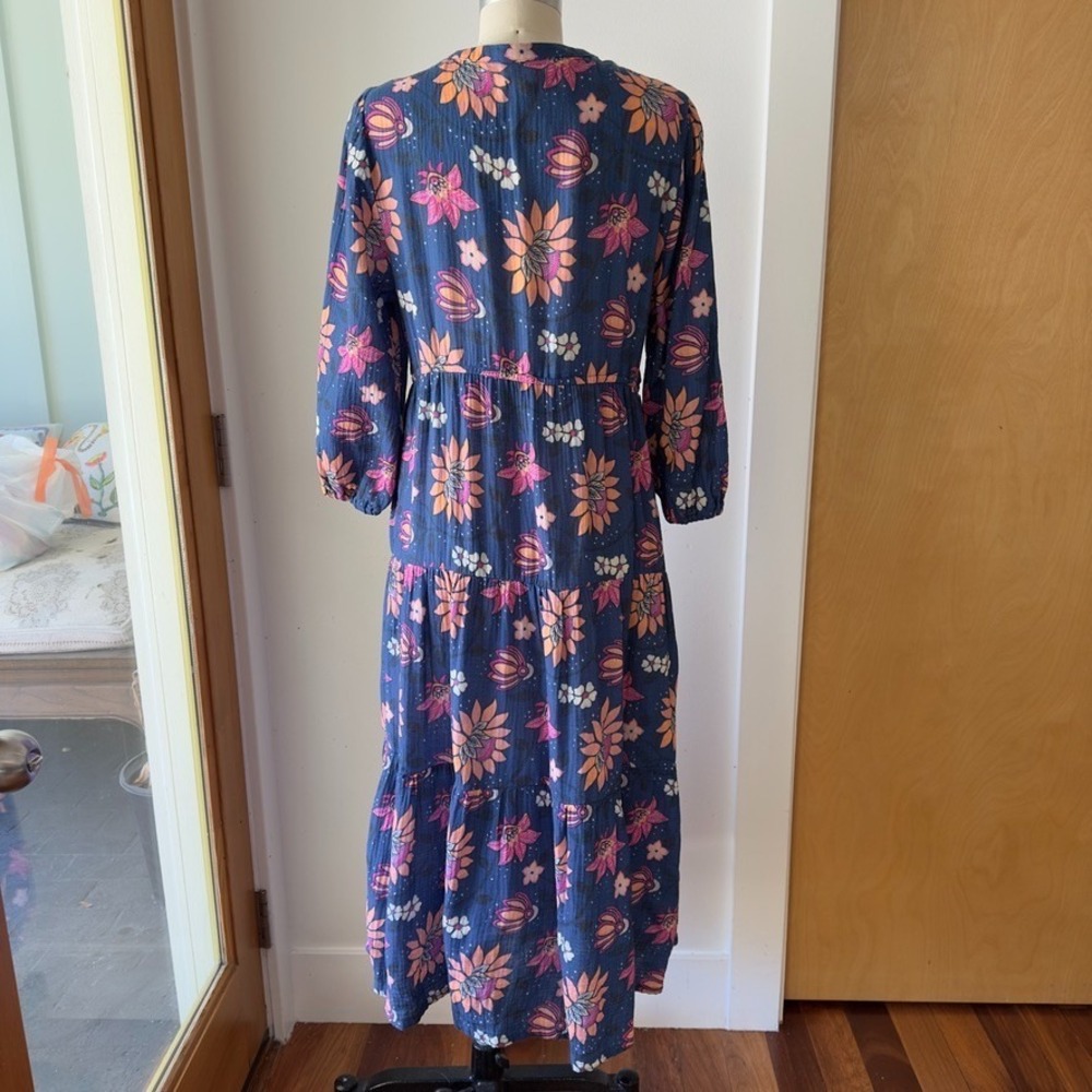 Marine Layer  Willow Long Sleeve V-neck Midi Dress-Cotton-Pockets-Batik Floral-M - Picture 5 of 16